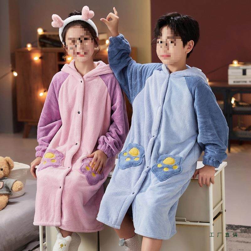 儿加童冬浴袍男童吸水带帽童连帽F969HHTT睡袍中大童季女厚可穿式