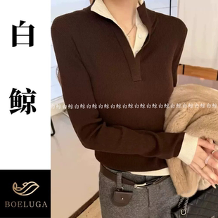 高级感半开扣立领拼色假两件羊毛针织衫 女显瘦气质打底毛衣2946