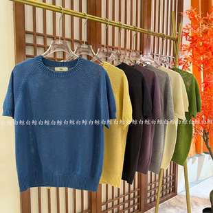 百搭显瘦套头毛衣极简风上衣0489 女夏季 和纸纱圆领短袖 针织衫