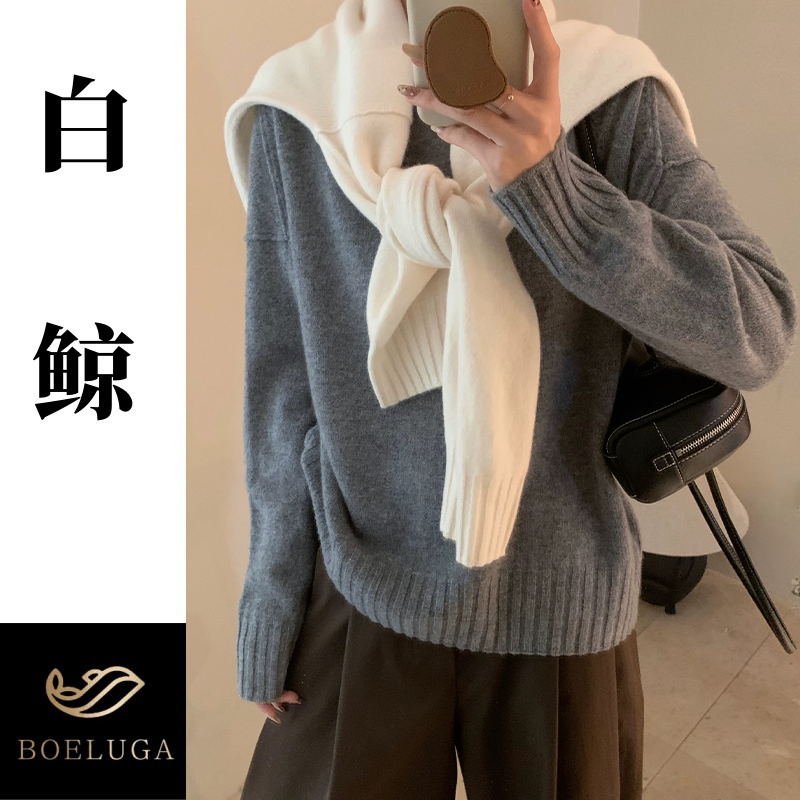 全羊毛韩系花纱领灰色针织衫女长袖软糯保暖叠穿毛衣上衣2857