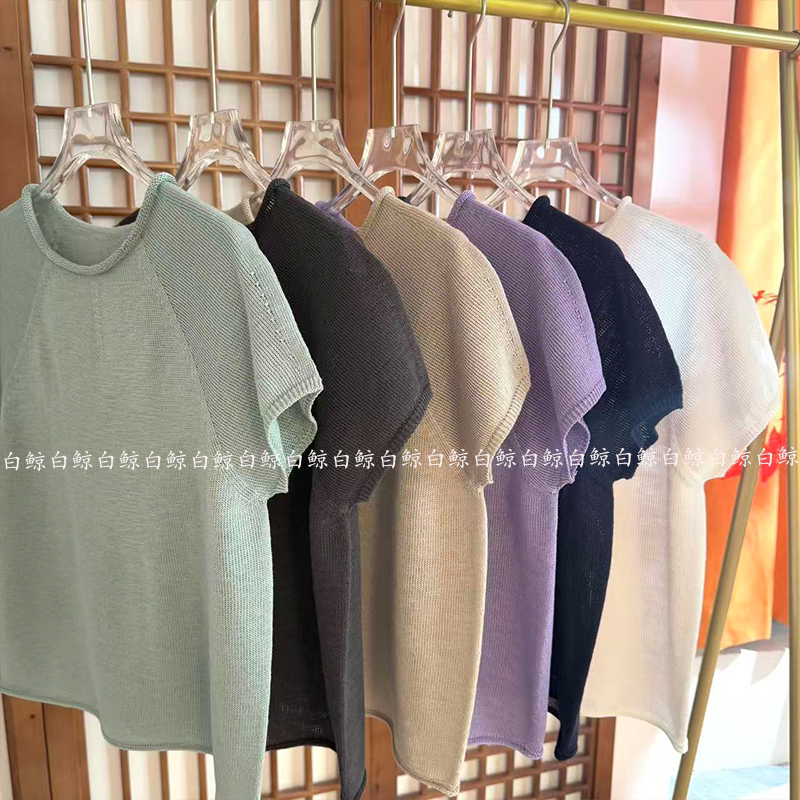 纯色短袖针织衫女圆领套头百搭显瘦舒适减龄上衣和纸纱0548