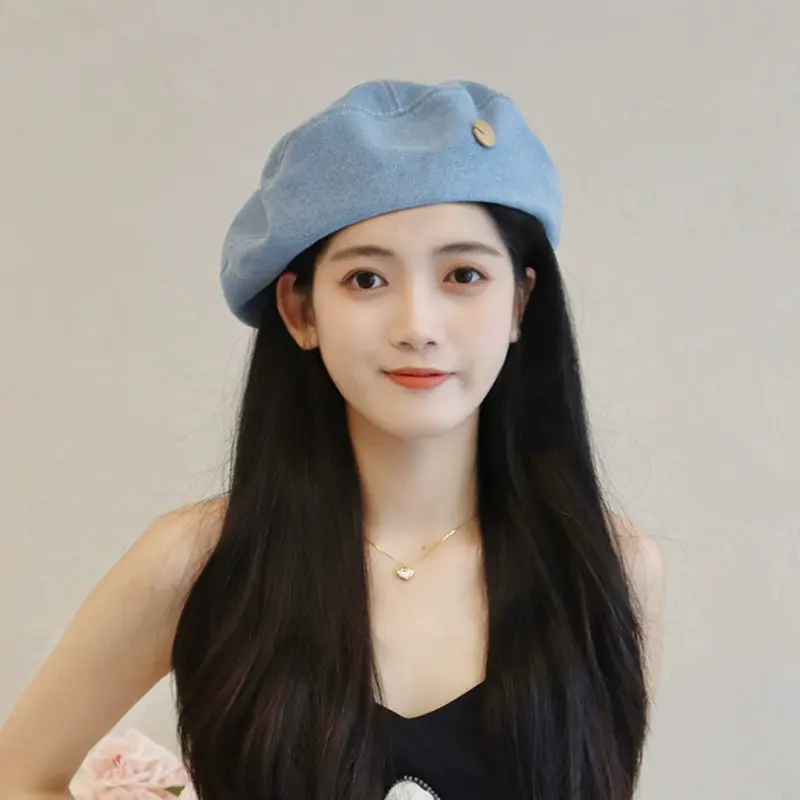 蓝色牛仔贝雷帽女春秋款大头围
