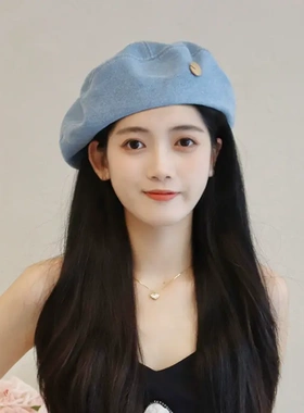 蓝色牛仔贝雷帽女春秋款大头围