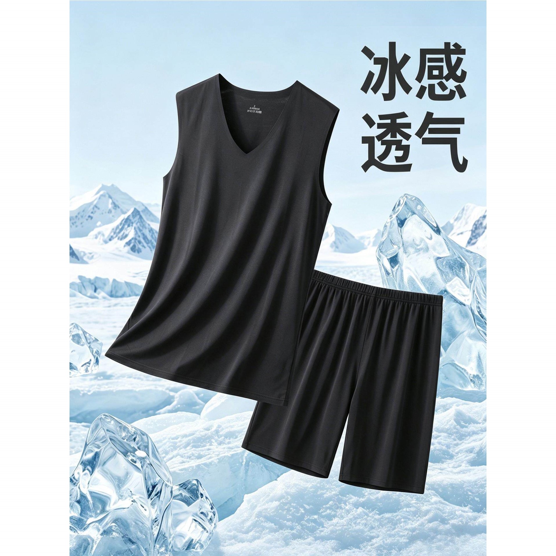 男士冰丝睡衣套装夏季超薄款冰感空调服背心短裤可外穿休闲家居服