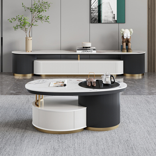 多功能岩板椭圆茶几小户型客厅现代简约升降一体烧水功夫两用茶台