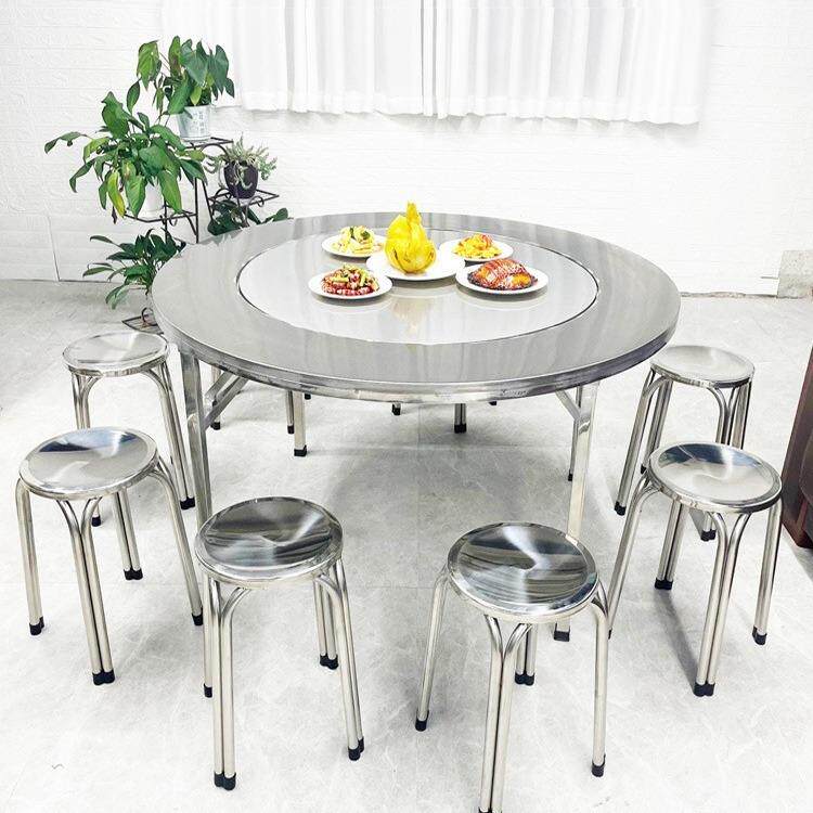 不锈钢可折叠圆桌带内置转盘家用餐桌排挡夜宵烧烤食堂加厚台桌子