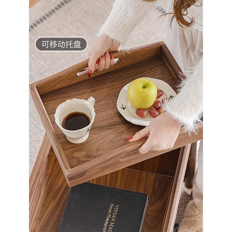 北美黑胡桃木边几小o推车客厅沙发可移动带轮茶几全实木角几边柜