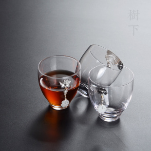 镶银茶杯玉坠品茗杯主人杯单杯手工杯高透水晶玻X璃杯功夫茶 日式