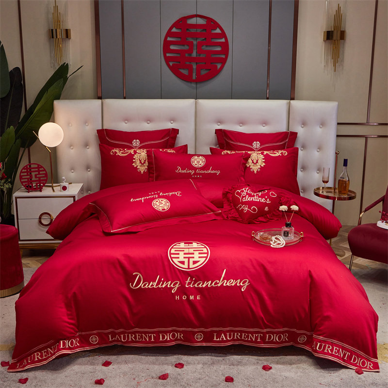 高档婚庆四六件套60支长绒棉纯棉全G棉大红色被套牀盖结婚牀上用