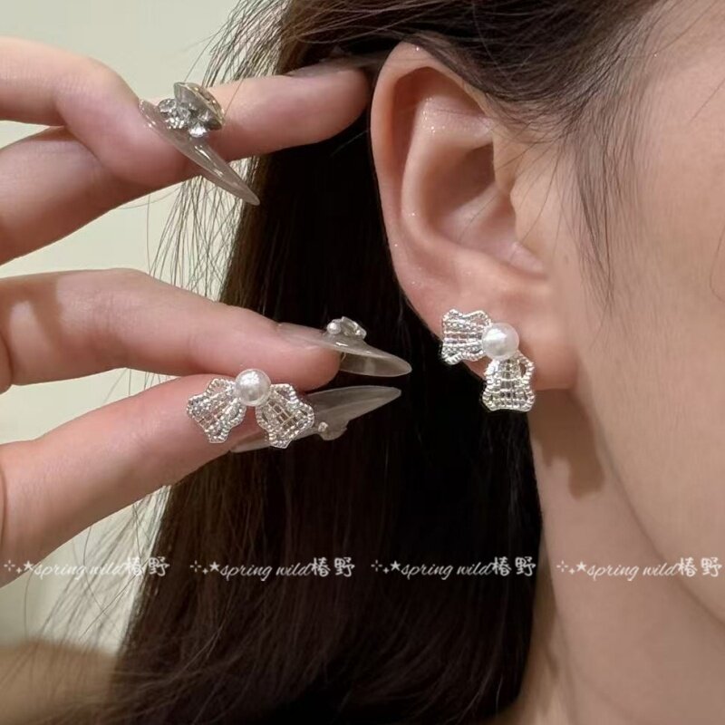 超仙公主风蕾丝蝴蝶结珍珠耳环女轻奢高级感耳钉巨好看设计感耳饰