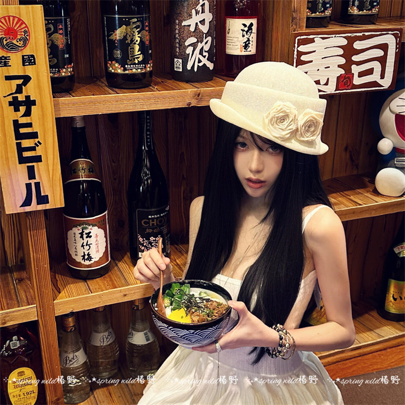 法式赫本风山茶花卷边礼帽