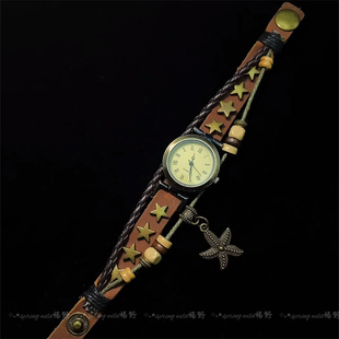 Vintage古着棕色星星叠戴手表女复古气质个性吊坠手链高级感钟表