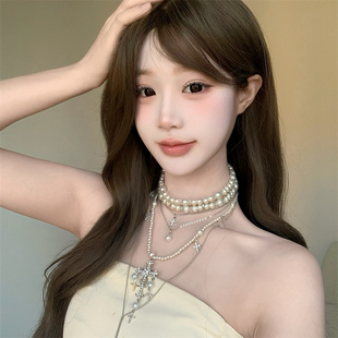 vintage古着小众多层珍珠串珠十字架项链叠戴锁骨链轻奢个性配饰