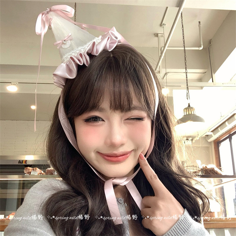 韩系甜美公主粉色蕾丝蝴蝶结生日帽发夹女派对拍照氛围感发卡发饰