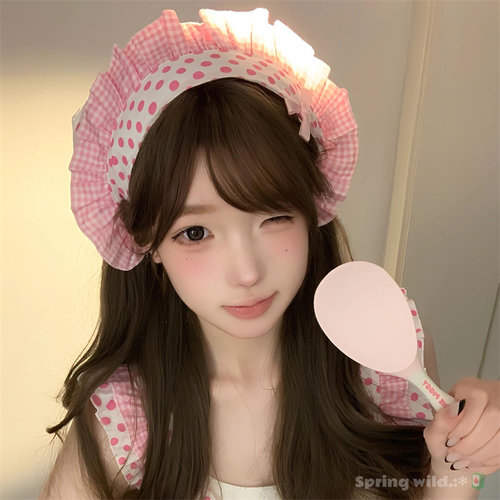 甜美小厨娘粉色波点格子头巾