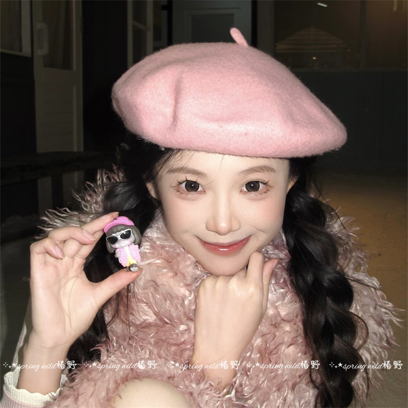 韩系甜美俏皮粉色贝雷帽