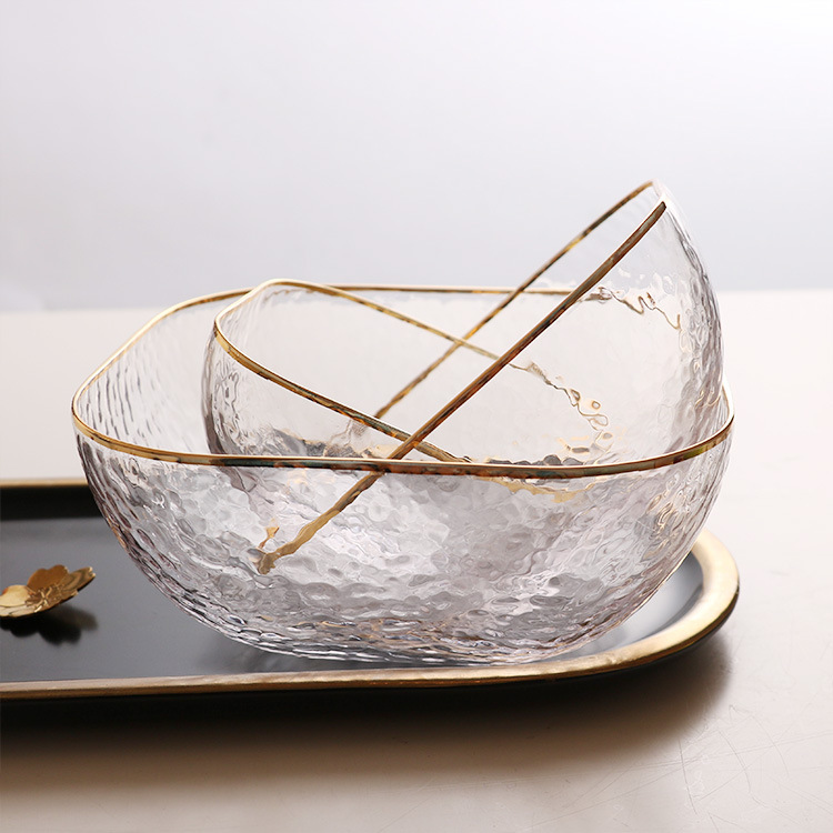 金边锤目纹四方玻璃碗沙拉碗蔬菜水果碗拌菜碗透明创意网红甜品碗