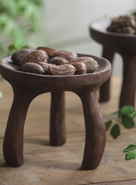 侘寂风实a木三脚托盘复古装饰果盘摆件民宿玄关小茶几家用木凳矮