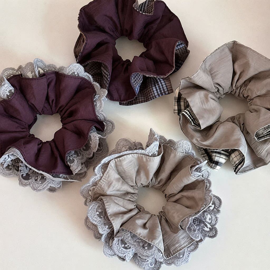 紫色蕾丝格纹大肠发圈四层锁边束腰发绳高级感马尾头绳绑头花发饰