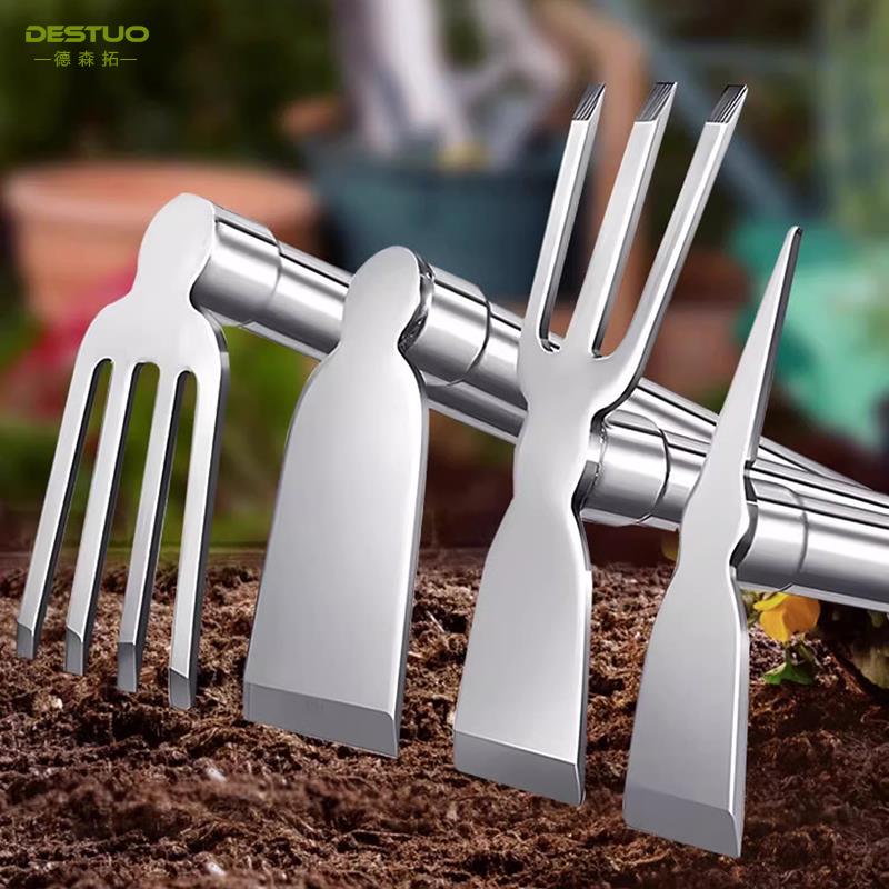 户外农具锄头全钢挖笋种菜种花加厚锄头农用耙镐不锈钢两用小锄头