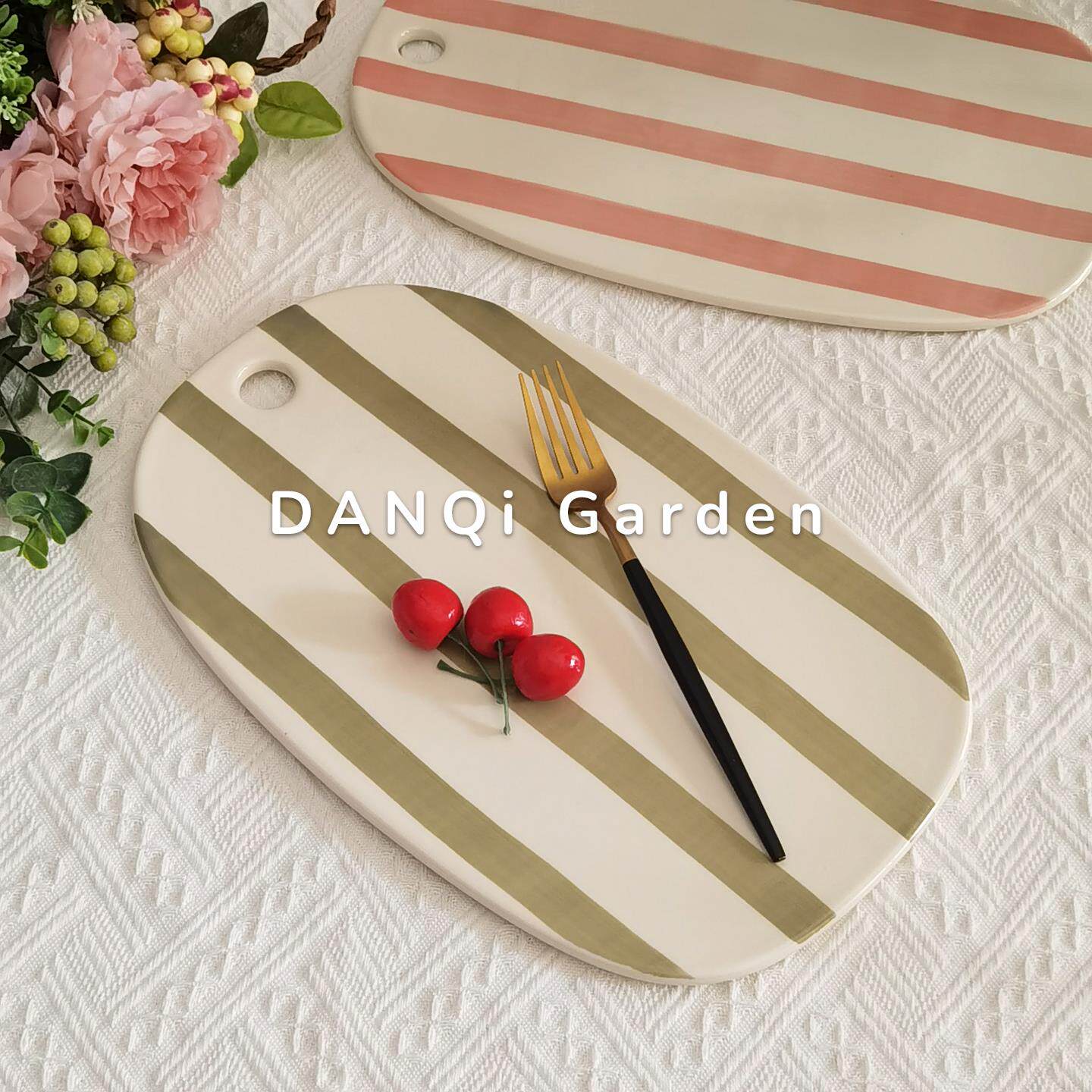 DANQi Garden 简约条纹面包板水果糕点砧板面包小清新陶瓷盘早餐