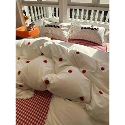 少女心红波点水洗棉毛巾绣豆豆边四件套1.5m1.8全棉床单被套公寓