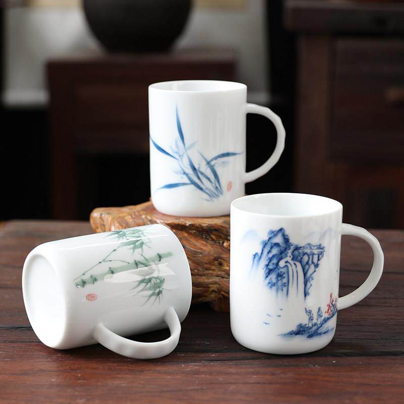 白玉瓷手绘陶瓷茶杯办公杯会议个人水杯马克杯直桶杯中式梅兰竹菊