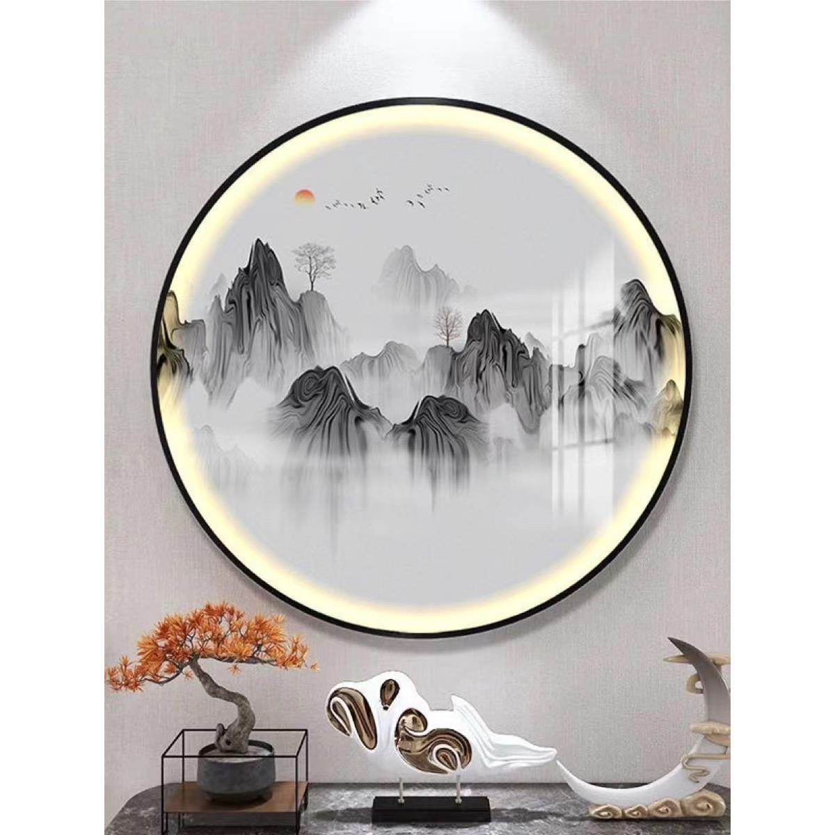 新中式圆形灯画玄关书房背景装饰画水墨风景意境山水茶室圆挂画图片
