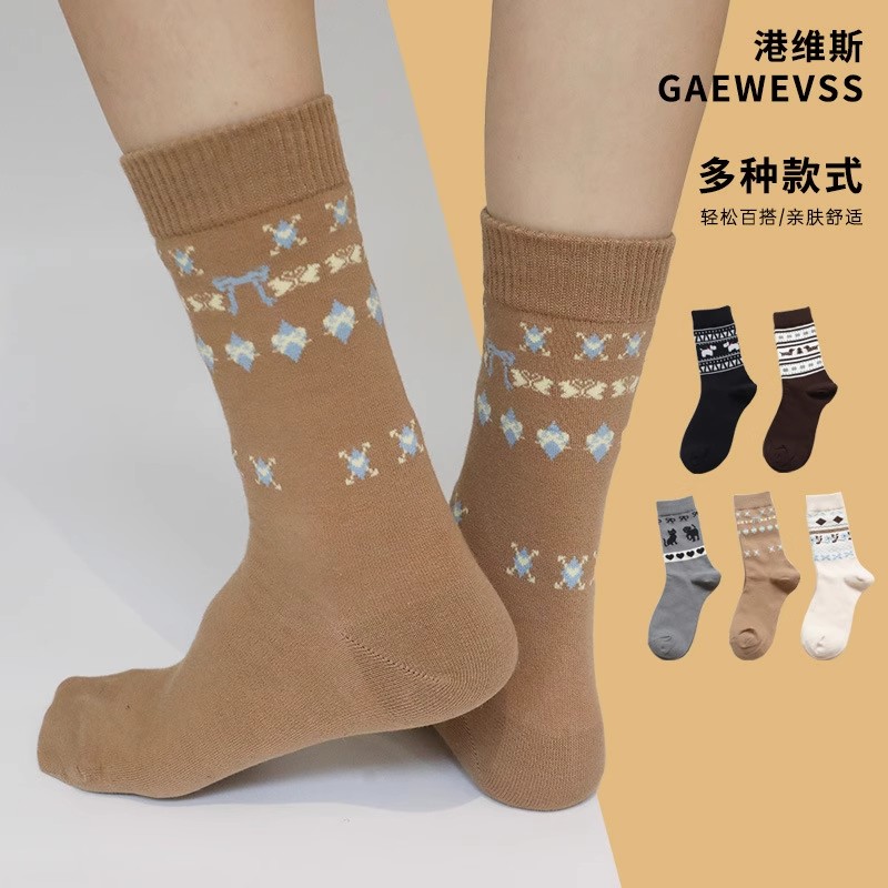 港维斯秋冬新款提花民族风动物保暖可爱风柔软舒适百搭吸汗中筒袜