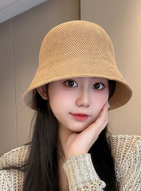 帽子女编织镂空草帽日系素颇水桶帽夏季户外沙滩度假遮阳防晒凉帽