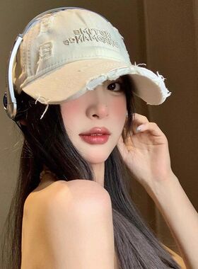 破洞棒球帽女字母刺绣水洗棉鸭舌帽显脸小加大加宽帽檐软顶工作帽