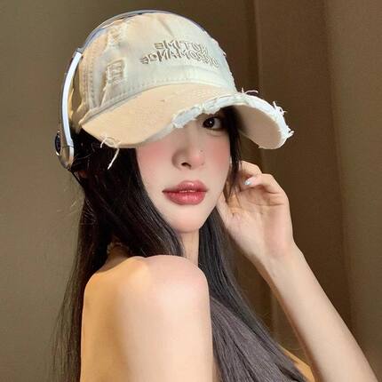 破洞棒球帽女字母刺绣水洗棉鸭舌帽显脸小加大加宽帽檐软顶工作帽