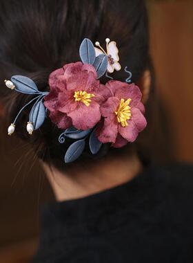 缠花紫色大花朵发夹侧边秋冬边夹古风耳后发卡后脑勺半扎旗袍发饰