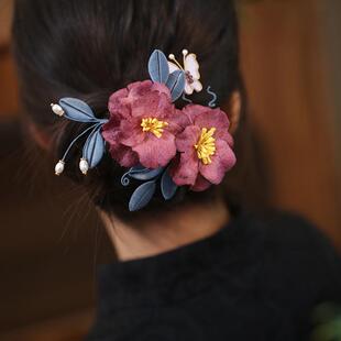 缠花紫色大花朵发夹侧边秋冬边夹古风耳后发卡后脑勺半扎旗袍发饰