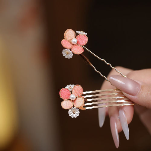 古风桔色花朵u型发簪汉服头饰品