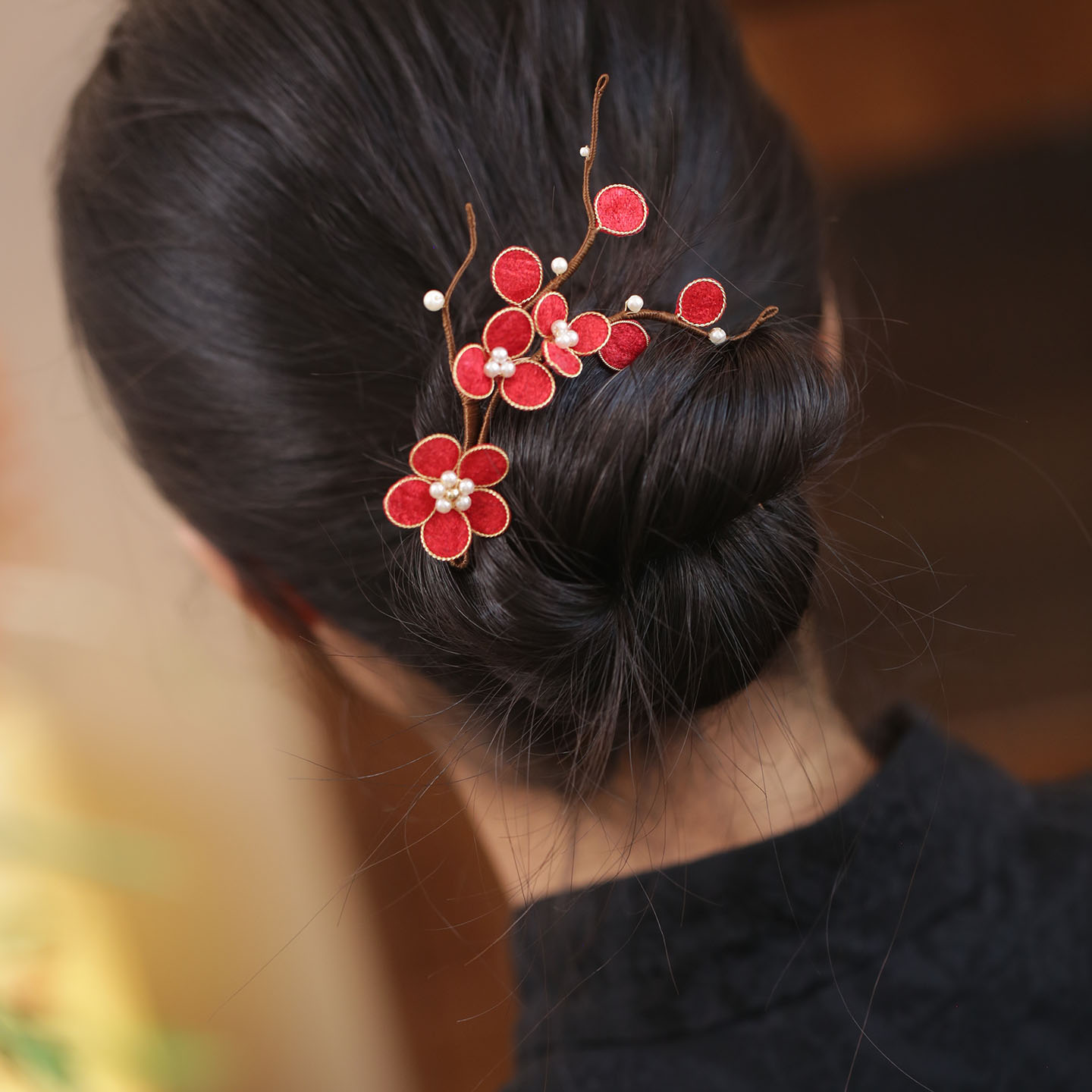 红色掐丝花朵结婚发梳旗袍发簪