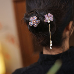 掐丝小花钗紫色发簪古风女童发叉头钗簪子旗袍发钗u型汉服头饰品