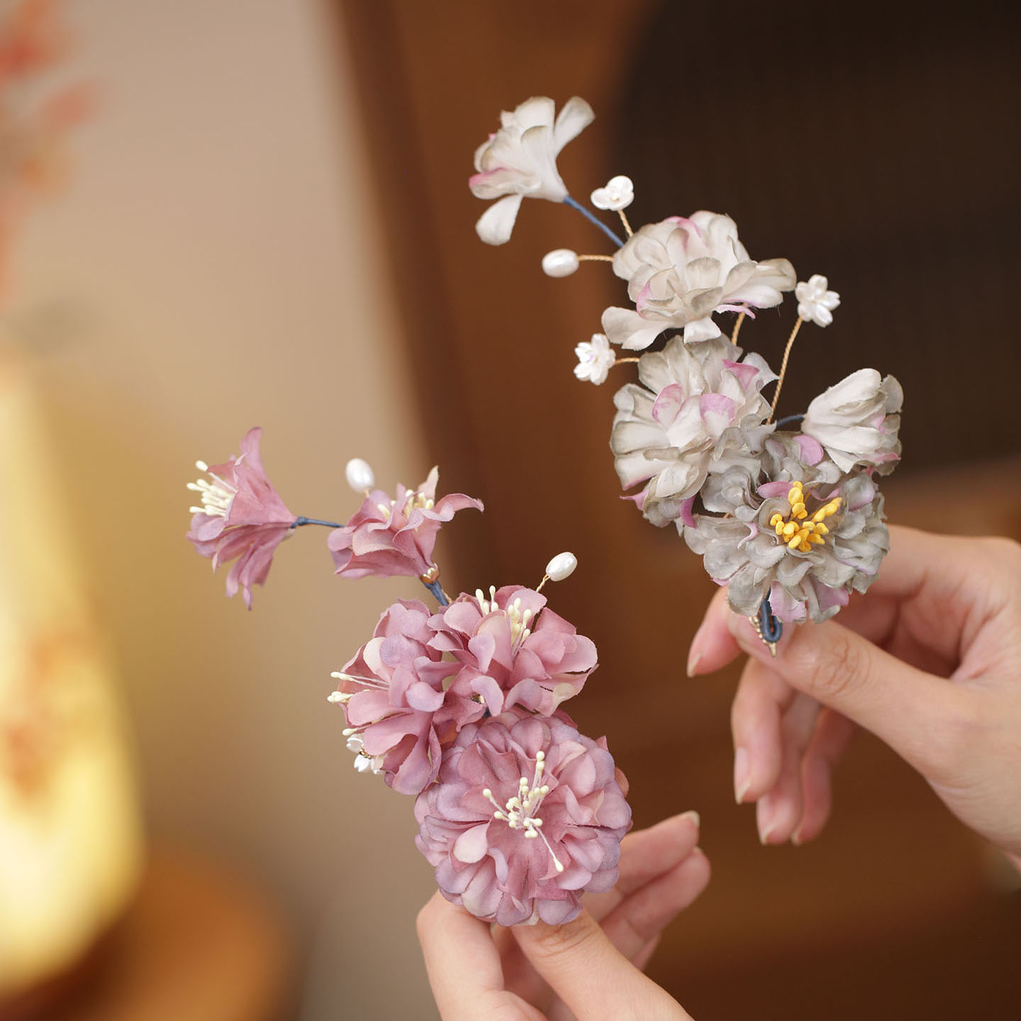 秋冬紫色发夹古风布花朵旗袍头饰