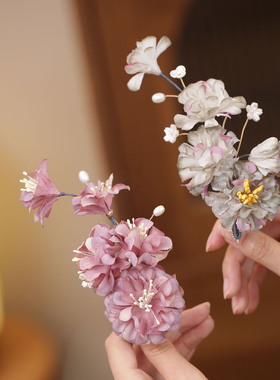 秋冬发夹半扎发紫色边夹古风花朵发卡女后脑勺马面裙头饰品低马尾