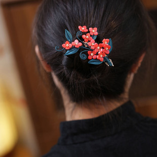 紫阳花红色发夹女成人头发边夹古风半扎发发卡缠花古典舞发饰汉服