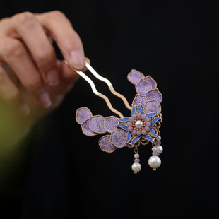 汉服头饰古风女童掐丝花朵u形发簪配旗袍发髻簪子马面裙紫色发饰