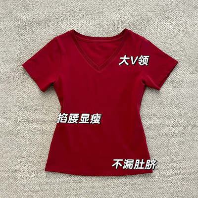 红色短袖正肩女t恤夏紧身修身收腰短款v领小上衣夏日绝美独特半袖