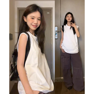 白色美式 运动无袖 背心女夏外穿上衣内搭白t恤小袖 口宽松坎肩短袖