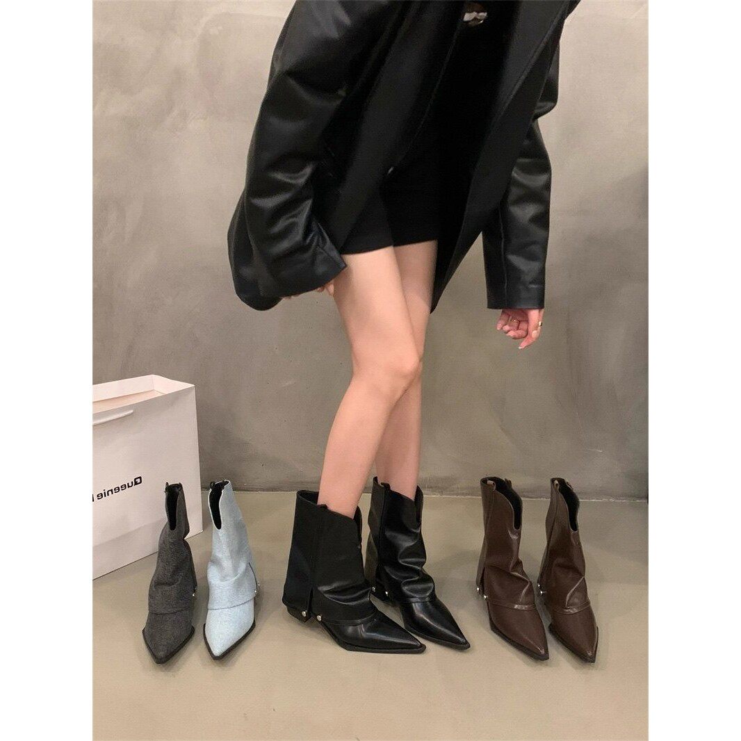 香港厚跟尖头短靴女士秋冬2025新款短裤靴利基覆古西部牛仔靴