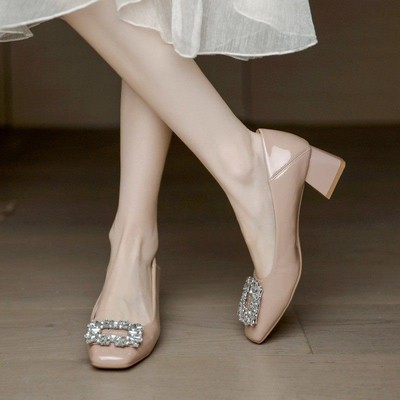 JIEFANSI香港方头高跟鞋女粗跟2025年春季新款百搭漆皮中跟包鞋女