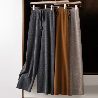 秋冬季新款100纯山羊绒阔腿裤女高腰休闲直筒裤气质百搭针织裤子