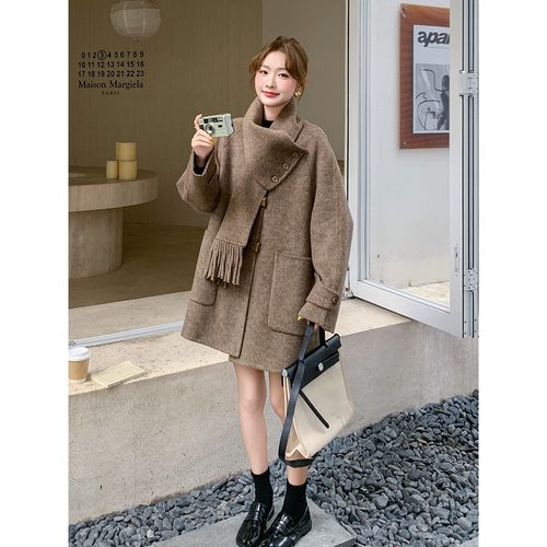 赫本风围巾领双面羊绒大衣女2024冬季新款美拉德覆古宽松毛呢外套