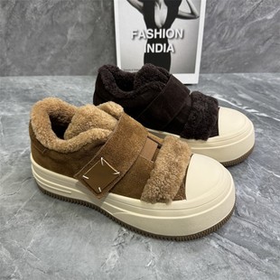 欧货厚底4cm魔术贴加绒板鞋 女2025冬新百搭小众保暖二棉休闲棉鞋