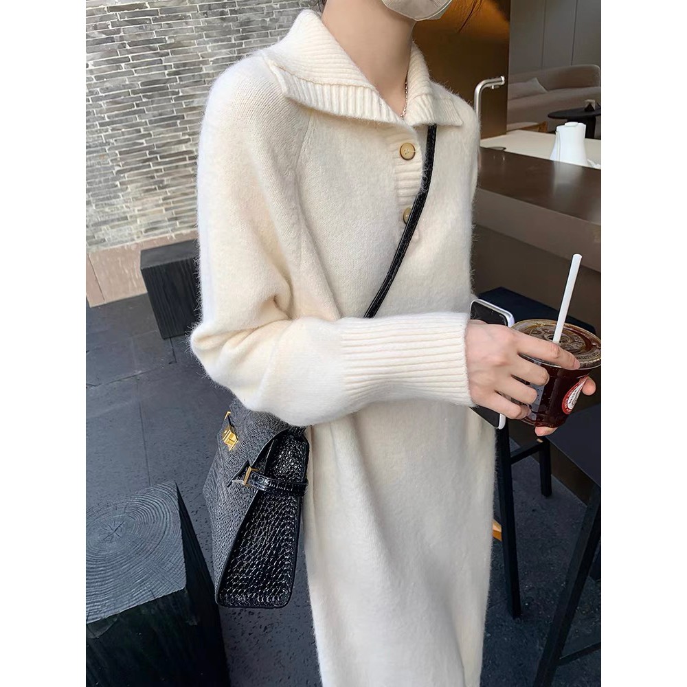 翻领毛衣裙女100纯山羊绒秋冬加厚直筒中长款过膝高端针织连衣裙