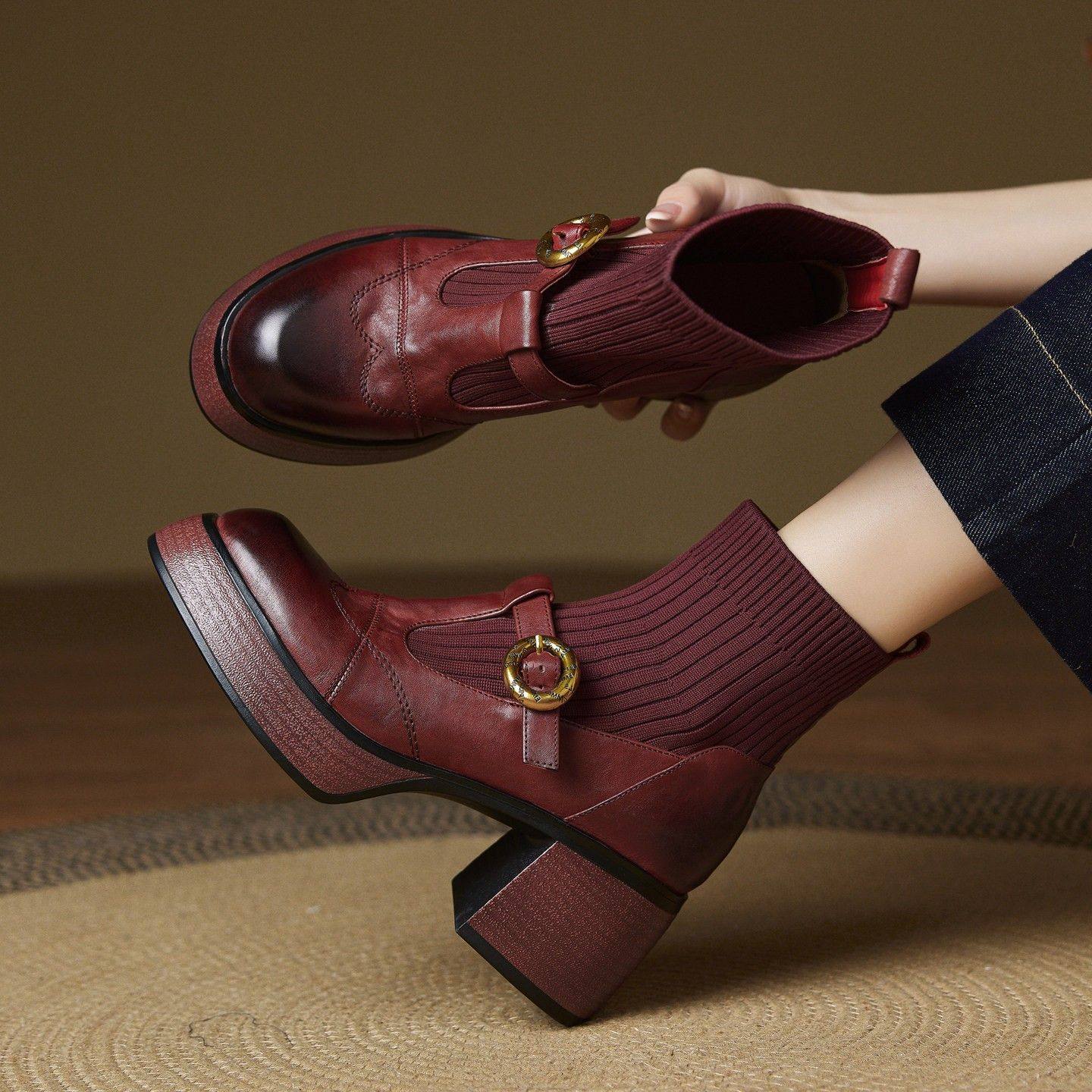 7CM 英伦风厚底复古针织弹力袜靴女25秋冬新款粗跟皮带扣高跟短靴,女鞋,弹力靴/袜靴,淘宝优惠券,粉丝福利购,淘宝优惠卷